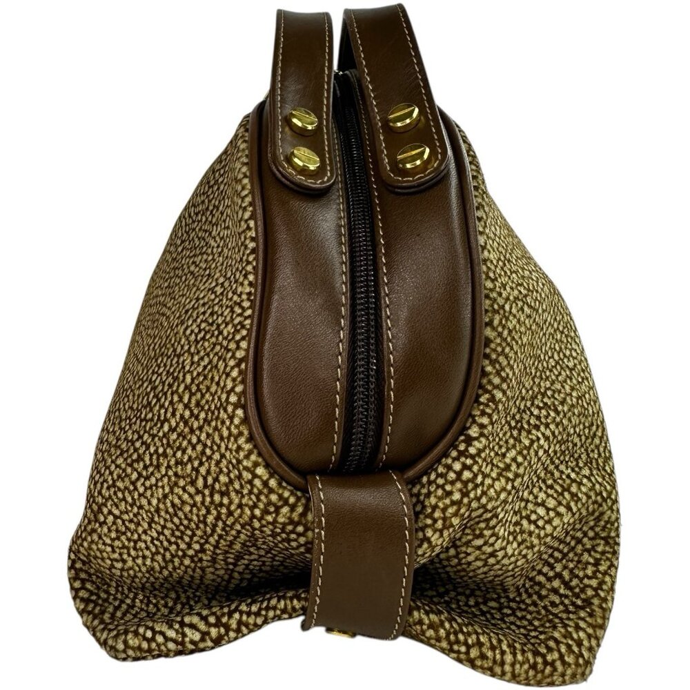 Borbonese Redwall Brown Tan Suede Leather Double Top Handle Bag Quail pattern - Picture 5 of 15